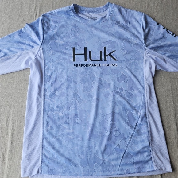Huk Performance Fishing Men's Large Camouflage Long Sleeve Shirt White Blue - Picture 1 of 8